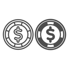 Poster - Casino chip with dollar sign, coin line and solid icon, gamblimg concept, poker token vector sign on white background, outline style icon for mobile concept and web design. Vector graphics.