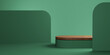 © Monster Ztudio - Abstract minimal scene with wooden podium and backdrop in studio lighting green background. Product presentation showcase, Mock up stage, Cosmetic product display, Podium, stage pedestal. 3d rendering