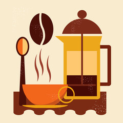 vector flat illustration in vintage retro style. french-press with coffee, two steaming cups of coffee, coffee beans.