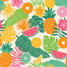 Hibiscus, Fruits And Tropical Leaf Seamless Pattern Background