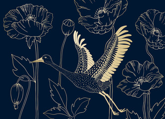 Naklejka na meble Luxury ornate pattern for creating textiles, wallpaper, paper. Print gold foil on a blue background. Seamless background with garden flowers peonies, bird and flowers. Vintage. Vector Illustration