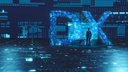 Fototapete - DXに向き合うビジネスマン / DX・デジタルトランスフォーメーション・ITとビッグデータ・未来志向のイノベーションのコンセプトイメージ / 3Dモーショングラフィックス