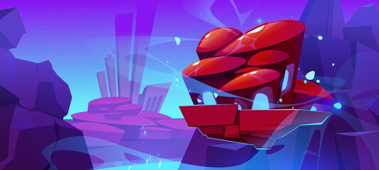 Poster - fantasy flying island above alien planet surface with mountains and futuristic buildings. vector car