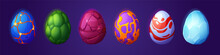 Dragon Eggs With Different Texture For Ui Game Design. Vector Cartoon Set Of Fairy Tale Eggs Of Dinosaurs, Reptiles Or Monsters From Crystal, Stone, Ice And Magma Isolated On Blue Background