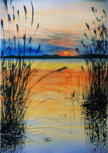 Hand Drawn Watercolor Painting Of Sunset On The Lake. Landscape Painting With Reeds Silhouette, Water Reflection And Sunset 