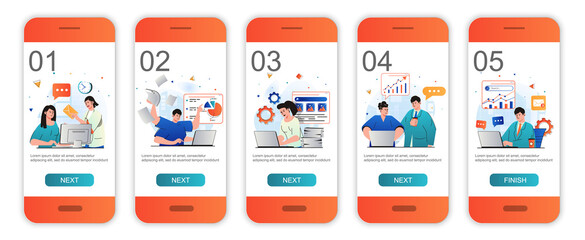 Aufkleber - Office work concept onboarding screens for mobile app templates. Colleagues doing tasks, paperwork. Modern UI, UX, GUI screens user interface kit with people scenes for web design. Vector illustration