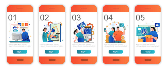 Online payment concept onboarding screens for mobile app templates. Customers make transactions. Modern UI, UX, GUI screens user interface kit with people scenes for web design. Vector illustration