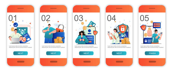 Fototapete - Secure payment concept onboarding screens for mobile app templates. Protection of transactions. Modern UI, UX, GUI screens user interface kit with people scenes for web design. Vector illustration