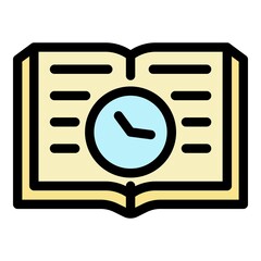 Aufkleber - Open book and time icon. Outline open book and time vector icon color flat isolated