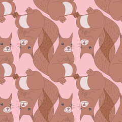 Wall Mural - Cute squirrel vector repeat pattern on pink background