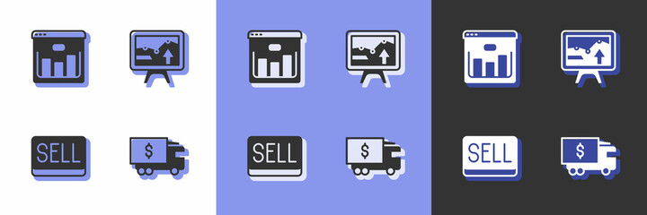 Set Armored truck, Browser with stocks market, Sell button and Monitor graph chart icon. Vector