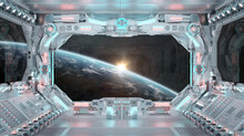 White Spaceship Interior With Glowing Blue And Red Lights. Futuristic Spacecraft With Large Window View On Planet Earth. 3D Rendering