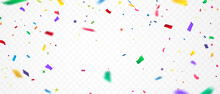 Celebration Background Template With Confetti And Colorful Ribbons.