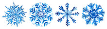 Set Of Four Watercolor Blue Snowflakes Isolated On White. Hand Painted Winter Illustration.