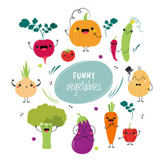 Canvas Print - Funny Vegetable Character with Smiling Face and Arm Vector Set