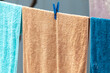 The towel is dried on a clothesline.