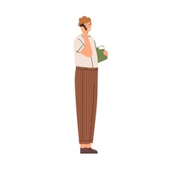 Aufkleber - Happy man standing and talking on mobile phone. Businessman speaking on smartphone on business. Smiling person calling with cellphone in hand. Flat vector illustration isolated on white background