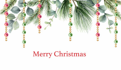 Wall Mural - Watercolor vector Christmas card with spruce branches, eucalyptus and a garland.