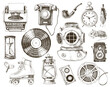 Hand drawn vintage monochrome objects collection