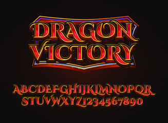 Fototapete - fantasy golden red dragon victory medieval rpg game logo text effect with frame border