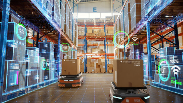 Fototapete - Future Technology 3D Concept: Automated Retail Warehouse AGV Robots with Infographics Delivering Cardboard Boxes in Distribution Logistics Center. Automated Guided Vehicles Goods, Products, Packages