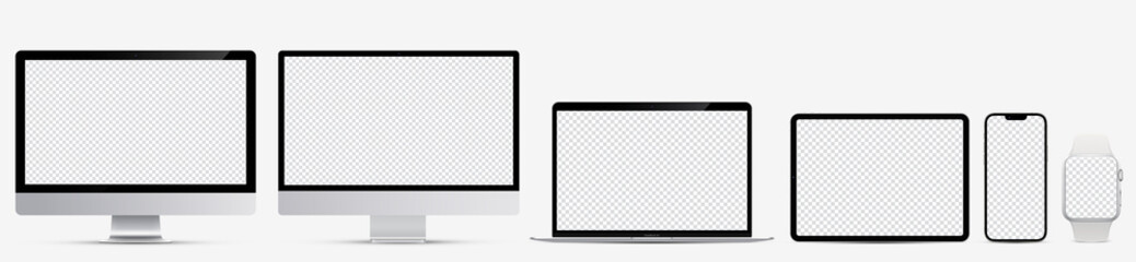 Wall Mural - Device screen mockup. Monoblock monitor 2 tipes, Laptop, Tablet and smartphone, with blank screen for you design. Vector EPS10	