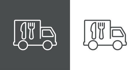 Poster - Food truck. Comida rápida. Logotipo con silueta de vehículo con tenedor y cuchillo con lineas en fondo gris y fondo blanco