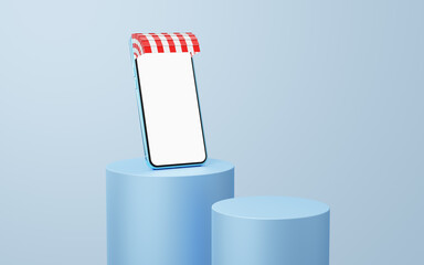 Wall Mural - Blue mobile phone with red awning on cylinder podium floating on white copy space background. Digital marketing online, e commerce, app store concept. smartphone with blank white screen. 3d render.