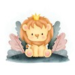 Watercolor cute baby lion and plants
