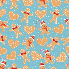 Wall Mural - Christmas texture with gingerbread cookies, cookies and sweets. Vector illustration of Merry Christmas and Happy New Year. Seamless pattern. Winter holiday.