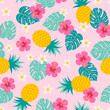 Pink hibiscus, frangipani, pineapple and monstera leaf seamless pattern background.