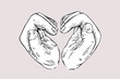 © LollaDesign - Engraving illustration of a pair of hands making a heart gesture. Abstract concept for love, relationship, self-love, Valentine's day, and friendship. Ready to use vector artwork