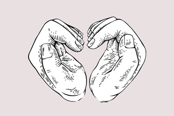 Engraving illustration of a pair of hands making a heart gesture. Abstract concept for love, relationship, self-love, Valentine's day, and friendship. Ready to use vector artwork