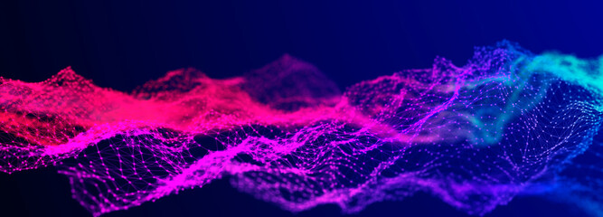 Poster - Futuristic wave on dark background. Colored pattern of connection dots and lines. Technology Banner. 3D Widescreen
