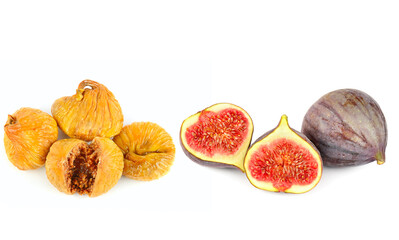 Wall Mural - Dried figs and fruits of fresh figs isolated on white. Collage . Wide photo.