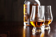 © Olga Miltsova - Bottle and glass of whisky spirit brandy on dark brown background