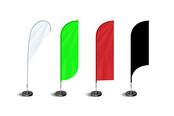 Wall Mural - Feather Flag banner stand display mock up isolated on white background. Realistic Detailed 3d Color Blank Expo Stand Flag Empty Template Mockup Set for Trade. 3d rendering.