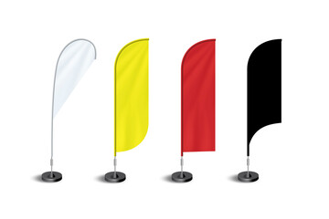 Wall Mural - Feather Flag banner stand display mock up isolated on white background. Realistic Detailed 3d Color Blank Expo Stand Flag Empty Template Mockup Set for Trade. 3d rendering.