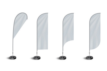 Wall Mural - Feather Flag banner stand display mock up isolated on white background. Realistic Detailed 3d Color Blank Expo Stand Flag Empty Template Mockup Set for Trade. 3d rendering.