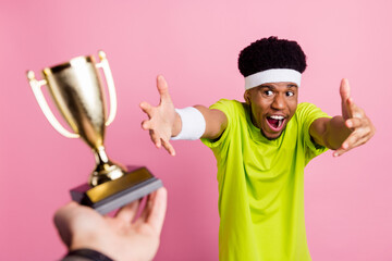 Poster - Photo of young afro sportsman happy positive smile win competition take trophy isolated over pink color background