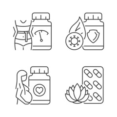 Wall Mural - Food supplements linear icons set. Pills for pregnant women. Weight loss diet. Medicine for staying calm. Customizable thin line contour symbols. Isolated vector outline illustrations. Editable stroke