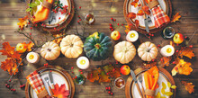 Autumnal Decorated Table For Celebrating Thanksgiving Or Other Family Celebration