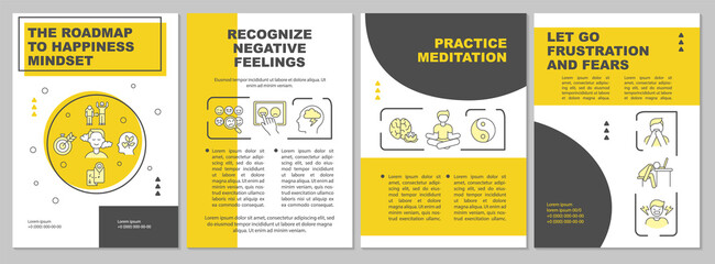 The roadmap to happiness mindset yellow brochure template. Flyer, booklet, leaflet print, cover design with linear icons. Vector layouts for presentation, annual reports, advertisement pages