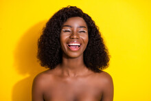 Photo Of Funky Dreamy Inspired Woman Closed Eyes Open Mouth Carefree Laugh Isolated Yellow Color Background