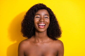 Wall Mural - Photo of funky dreamy inspired woman closed eyes open mouth carefree laugh isolated yellow color background