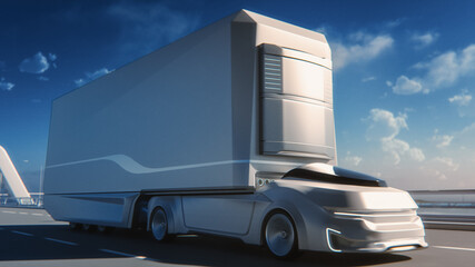 Wall Mural - Futuristic Technology Concept: Autonomous Self-Driving Truck with Cargo Trailer Drives on the Road with Scanning Sensors. 3D Zero-Emissions Electric Lorry Driving Fast on Scenic Highway Bridge.