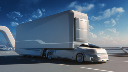 Wall Mural - Futuristic Technology Concept: Autonomous Self-Driving Truck with Cargo Trailer Drives on the Road with Scanning Sensors. 3D Zero-Emissions Electric Lorry Driving Fast on Scenic Highway Bridge.