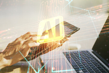 Aufkleber - Double exposure of creative artificial Intelligence icon with finger clicks on a digital tablet on background. Neural networks and machine learning concept