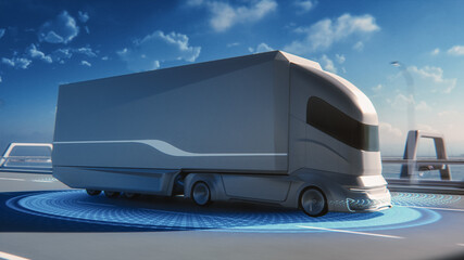 Wall Mural - Futuristic Technology Concept: Autonomous Self-Driving Lorry Truck with Cargo Trailer Drives on the Road with Scanning Sensors. Special Effects of a Zero-Emissions Electric Vehicle Analyzing Freeway.