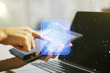 Aufkleber - Abstract creative fingerprint illustration with finger clicks on a digital tablet on background, personal biometric data concept. Multiexposure